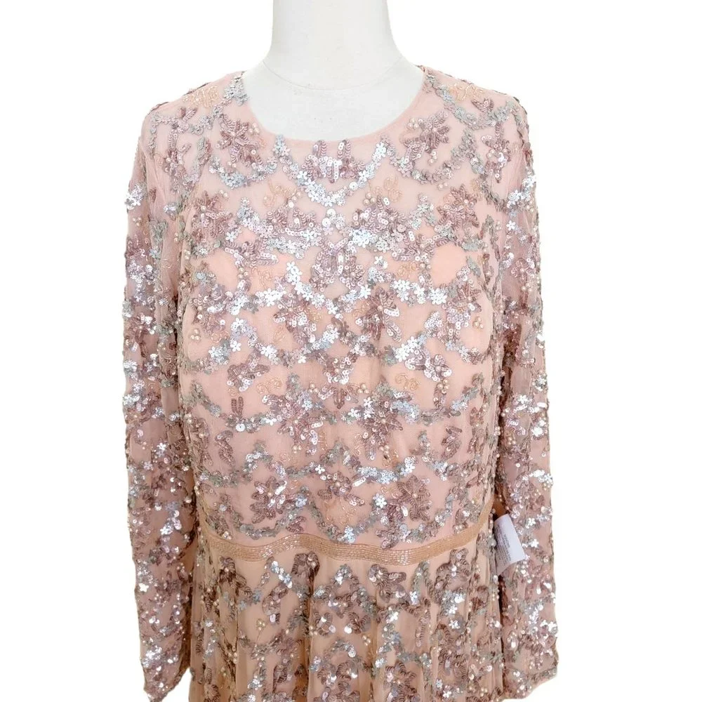 NWT MAC DUGGAL EMBELLISHED ILLUSION HIGH NECK LONG SLEEVED GOWN BLUSH 12 5496 - Picture 5 of 8